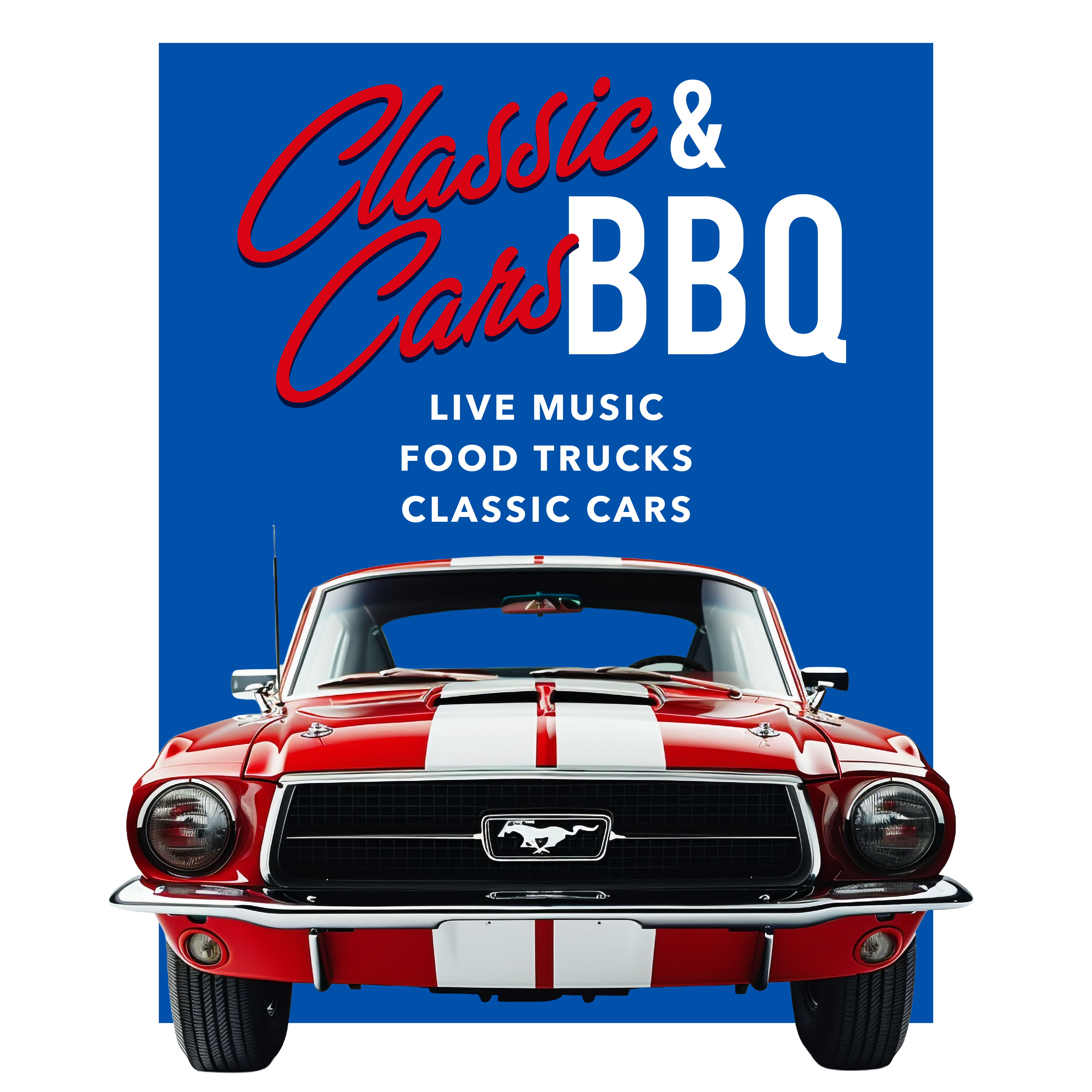 a vintage red and white car in front of a blue field below the words, Classic Cars and barbecue